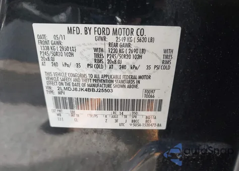 2011 Lincoln Mkx z USA, uszkodzony, nr VIN 2LMDJ8JK4BBJ25503